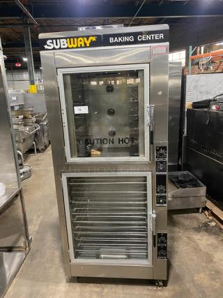 Nu-Vu OP-2FM stainless steel double stacked oven/proofer combo with thermostatic controls, wired racks, pan slides, on casters.