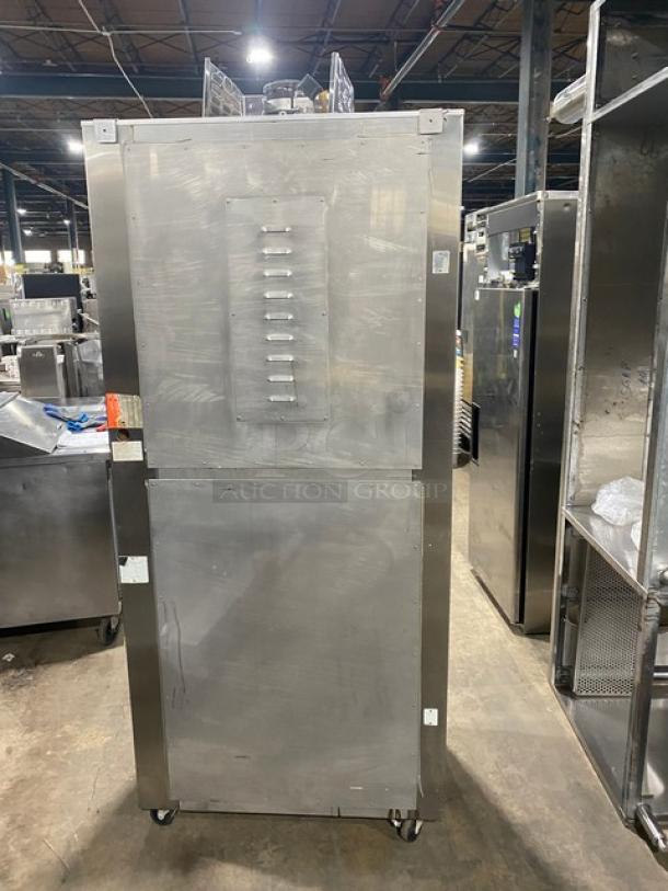 Nu-Vu OP-2FM stainless steel electric double-stacked oven/proofer combo, with thermostatic controls, racks, pan slides, on casters.