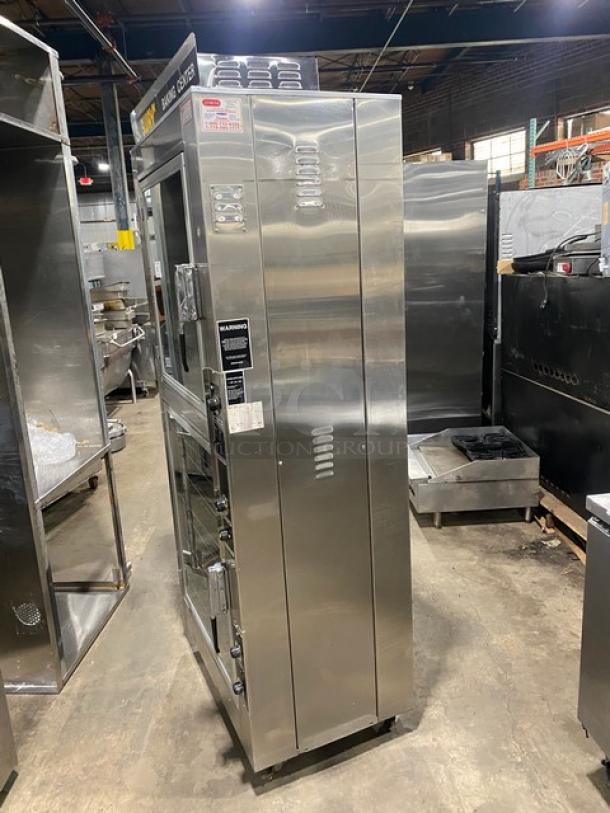 Nu-Vu OP-2FM commercial double stacked oven/proofer combo, stainless steel, thermostatic controls, 120/208V, on casters.