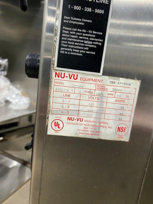 Nu-Vu OP-2FM stainless steel double stacked oven/proofer combo, thermostatic controls, wired racks, pan slides, on casters.
