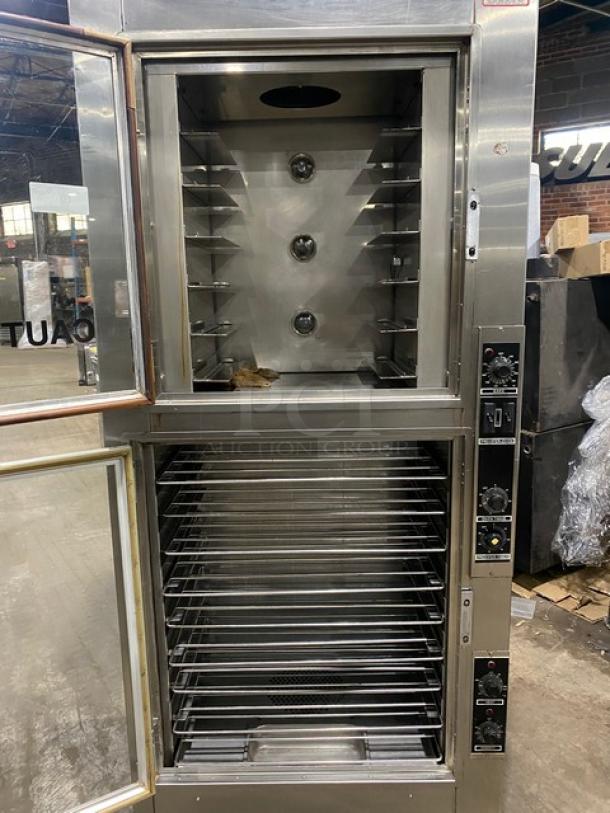 Nu-Vu OP-2FM electric double-stacked oven/proofer. Stainless steel, thermostatic controls, wired racks, pan slides, on casters.