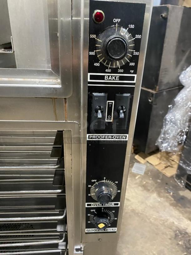 Nu-Vu OP-2FM stainless steel double stacked baking oven/proofer combo with thermostatic controls, wired racks, pan slides.