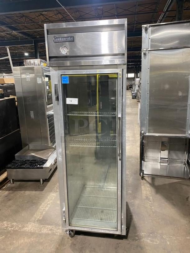 Continental Commercial Stainless Steel Reach-In Refrigerator, Model 1R, single glass swing door, on casters, includes poly coated wire racks. Energy Star certified, serial number 13386054.