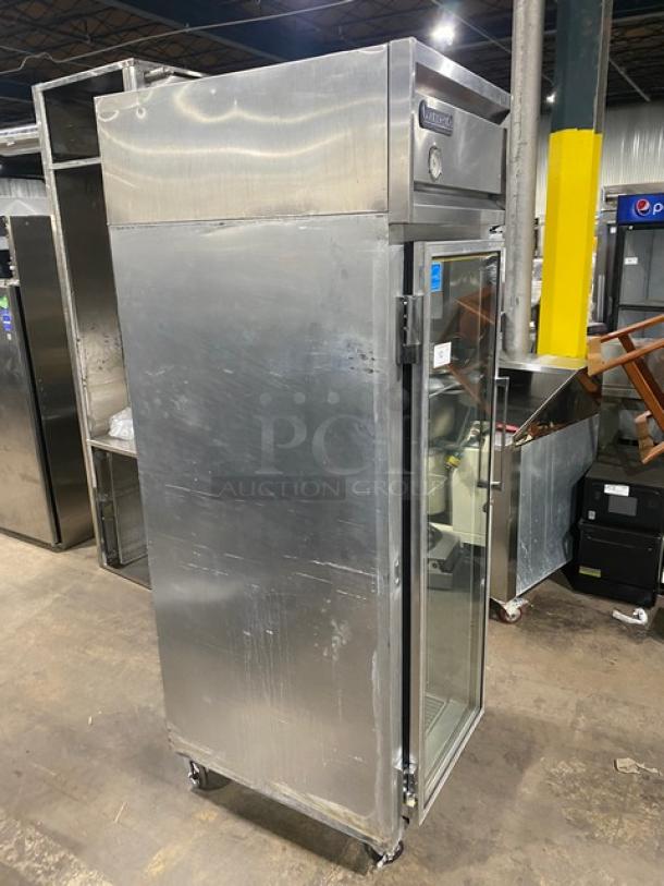 Continental Commercial Stainless Steel Single Glass Swing Door Refrigerator, Model 1R, Energy Star, poly-coated wire racks, on casters.