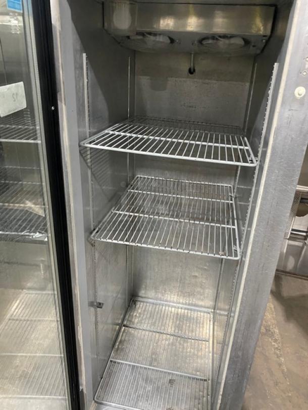 Continental 1R reach-in refrigerator with single glass swing door, poly coated wire racks, on casters, Energy Star certified.