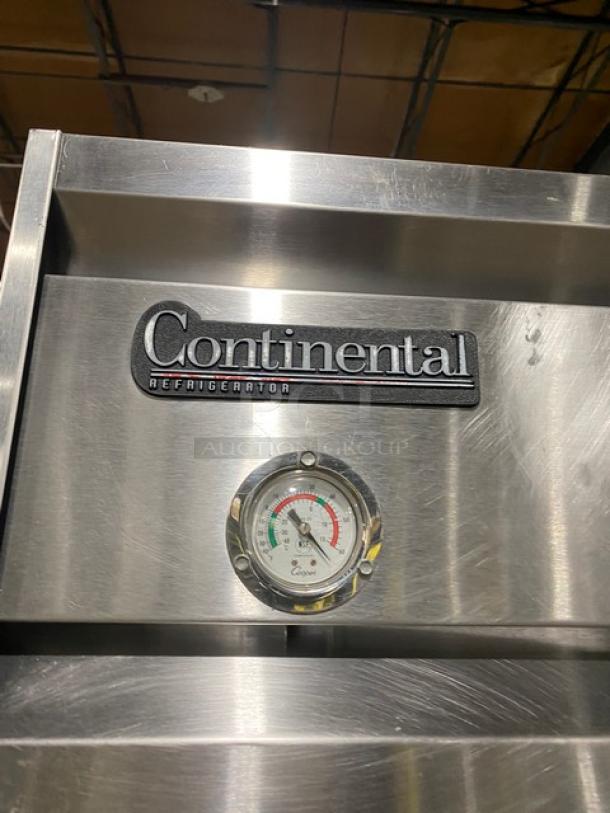 Continental Commercial Stainless Steel Refrigerator, Model 1R, with temperature gauge, Energy Star Certified, on casters.