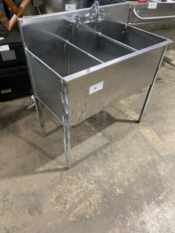 Commercial stainless steel 3-compartment prep sink with backsplash, swivel swing-spout faucet, and sturdy legs.