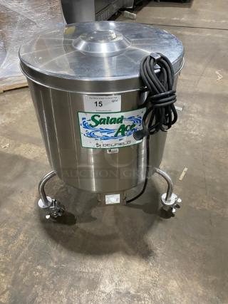 Delfield 20 Gal. Stainless Steel Electric Salad Dryer, Model SALD-1, on casters, features power cord and Salad Aide label.