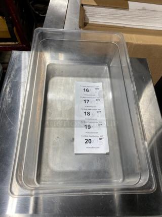 Cambro clear polycarbonate food pan, commercial grade, in excellent condition. Auction label indicates quantity options.
