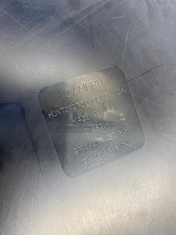 Cambro commercial clear polycarbonate food pan with embossed markings. Made in USA. Size: GN 1/3 x 150 mm. Model: EN 631-1.