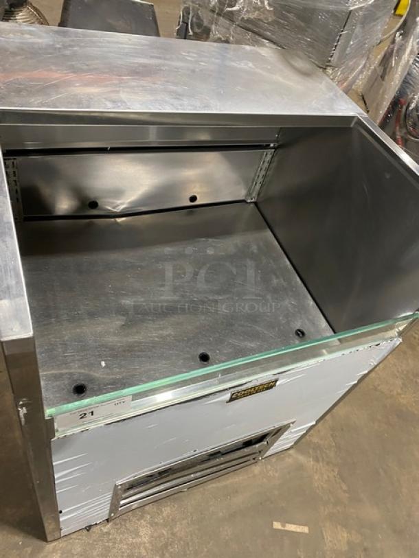 Cooltech Commercial Stainless Steel Refrigerated Merchandiser, open grab-and-go design, visible signs of use, glass front.