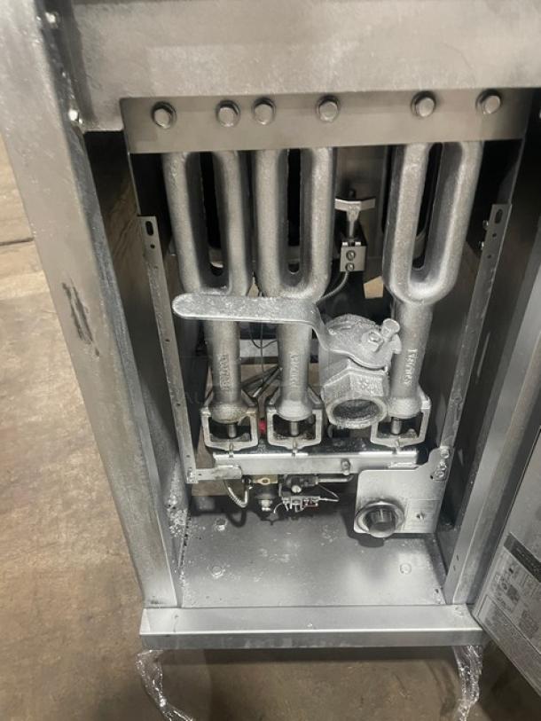 Pitco Frialator Series Model 40S 40 lb. deep fat fryer, stainless steel, liquid propane, with back splash, on legs.