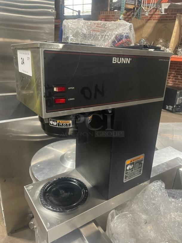 Bunn VPR Series coffee machine with stainless steel build, dual warmer plates, and electric power, showing "ON" indicator.