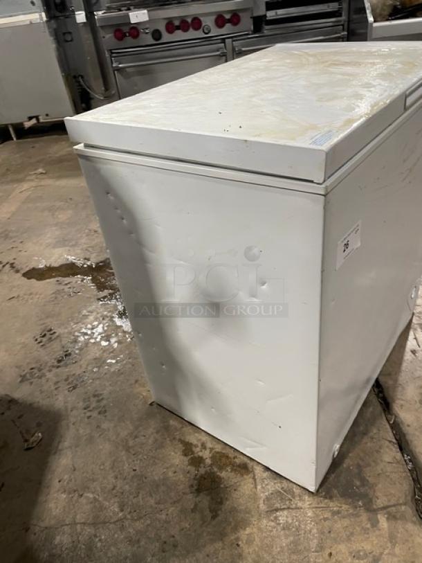 Vissani Commercial 32" Chest Freezer, Model MDCF7WH, white, some surface dents, visible label with model info.