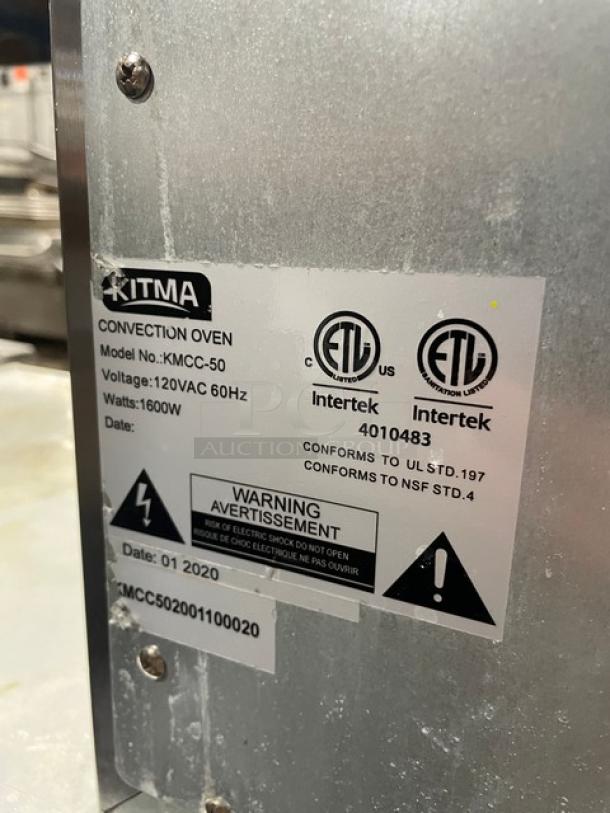 Kitma KMCC-50 convection oven label, featuring model KMCC-50, 120VAC, 1600W, ETL certifications, manufactured January 2020.
