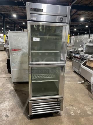 True Commercial Stainless Steel Double Glass Half Door Single Section Reach-In Merchandiser Refrigerator! With Poly Coated Wire Racks! Model: T-23G-2 SN: 7070044! 115V 1 Phase! On Casters! - Item #1205611