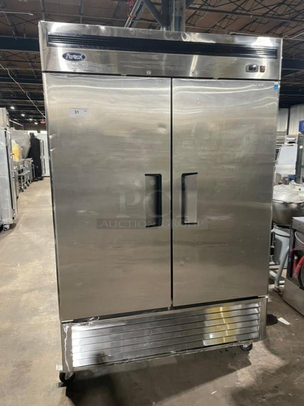 Atosa MBF8503 2-Door Stainless Steel Reach-In Freezer, Energy Star Certified, 2017 model on casters, with poly-coated wire racks.
