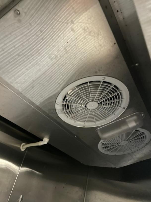 Inside view of Atosa MBF8503 stainless steel freezer, showing fans and interior features. Energy Star certified, 115V, on casters.