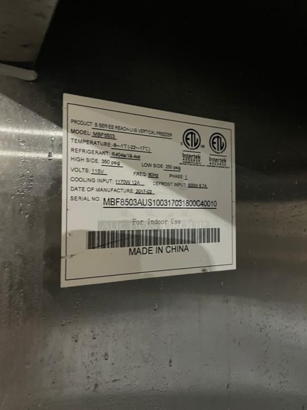 2017 Atosa B-Series commercial stainless steel 2-door freezer, model MBF8503, Energy Star certified, on casters, with labels.
