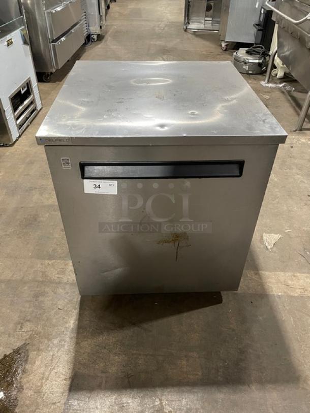 Delfield 406P-STAR2 stainless steel undercounter refrigerator on casters, single door, 115V, used condition with minor wear.