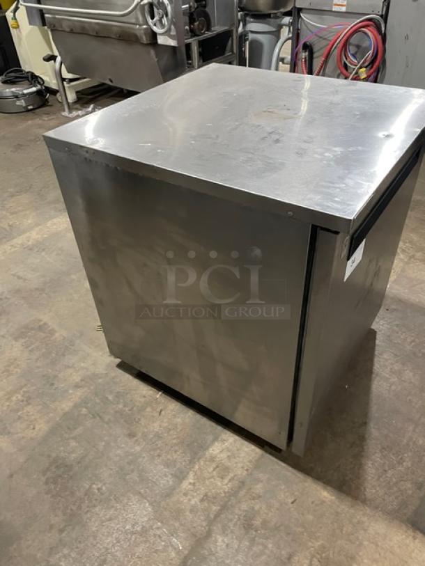 Delfield stainless steel single door undercounter worktop refrigerator, Model 406P-STAR2, on casters, used condition.