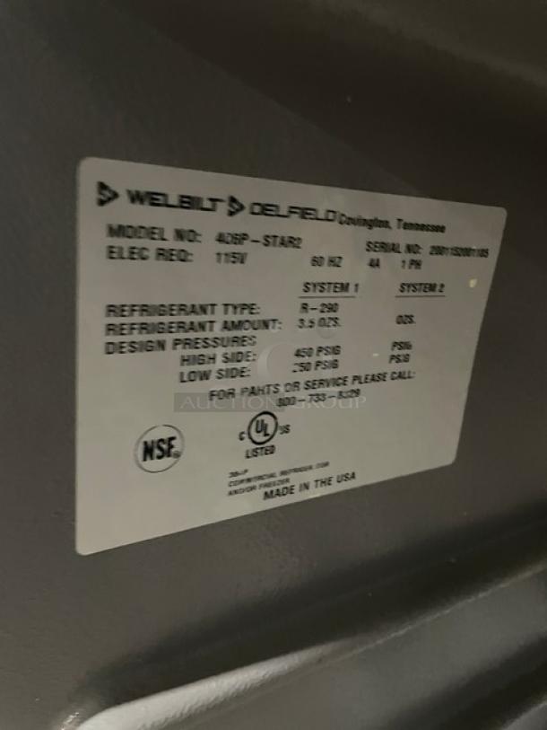 Delfield Commercial Stainless Steel Refrigerator, Model 406P-STAR2, Single Door, 115V, 1 Phase, on Casters, NSF and UL listed.