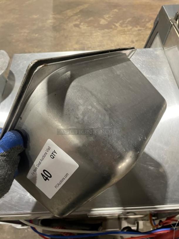 Commercial stainless steel steamtable pan, gently used, with "40 QTY" label visible, durable for hotel use.