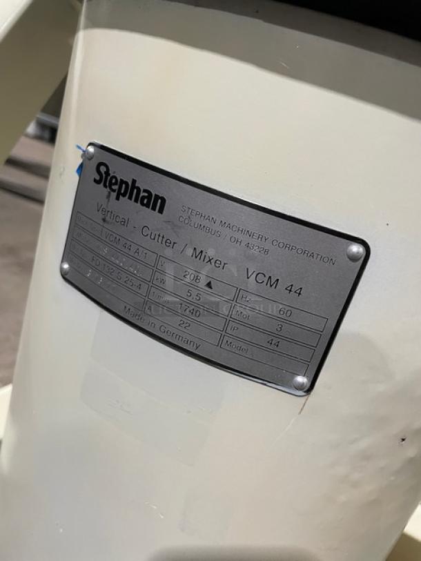 Stephan VCM44 commercial cutter/mixer, 208V, with stainless steel tilting bowl, on casters. Maker's label visible.