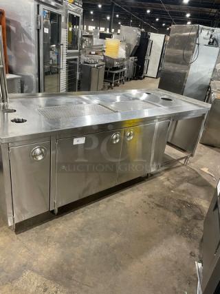 Custom Commercial Stainless Steel Beverage Dispensing Machine Work/Prep Station! With Double Drain Boards! With Enclosed Cabinet Style Base! On Legs! - Item #1205626