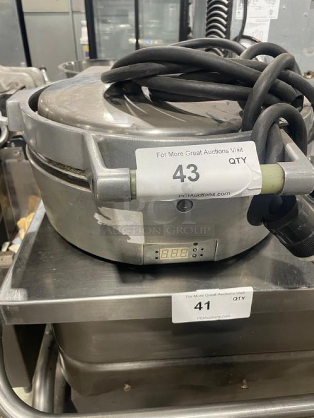 Caliente Industries Commercial Stainless Steel Electric Tortilla Press, Model A1, with digital display, cords, and auction tag.