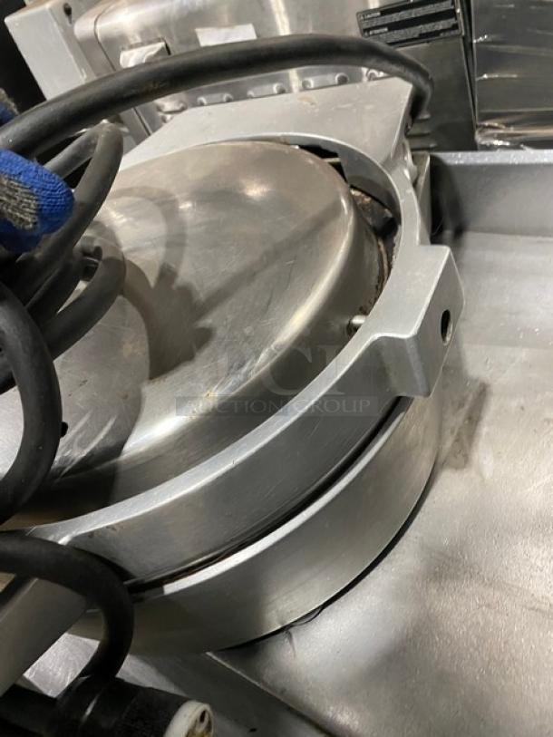 Caliente Industries A1 stainless steel electric tortilla press, countertop design, 115-125/208-240V, commercial use.