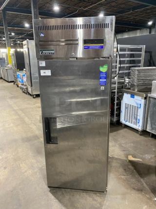 Everest ESF1 commercial stainless steel freezer, single door, poly coated rack, 115V, serial BSF123040077, eco-friendly label.