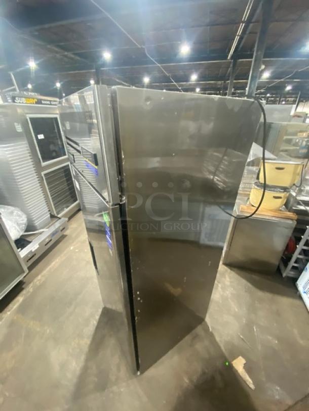 Everest ESF1 commercial stainless steel reach-in freezer with single swing door, poly-coated wire rack, model ESF1, SN: BSF123040077, 115V, 1 phase.