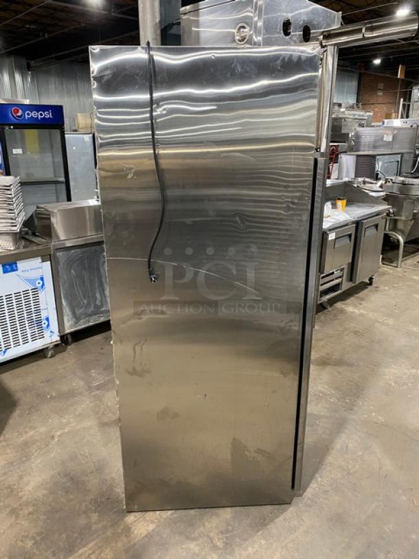 Everest ESF1 stainless steel single-door freezer with poly coated wire rack, 115V, 1 Phase, visible wear, serial BSF123040077.