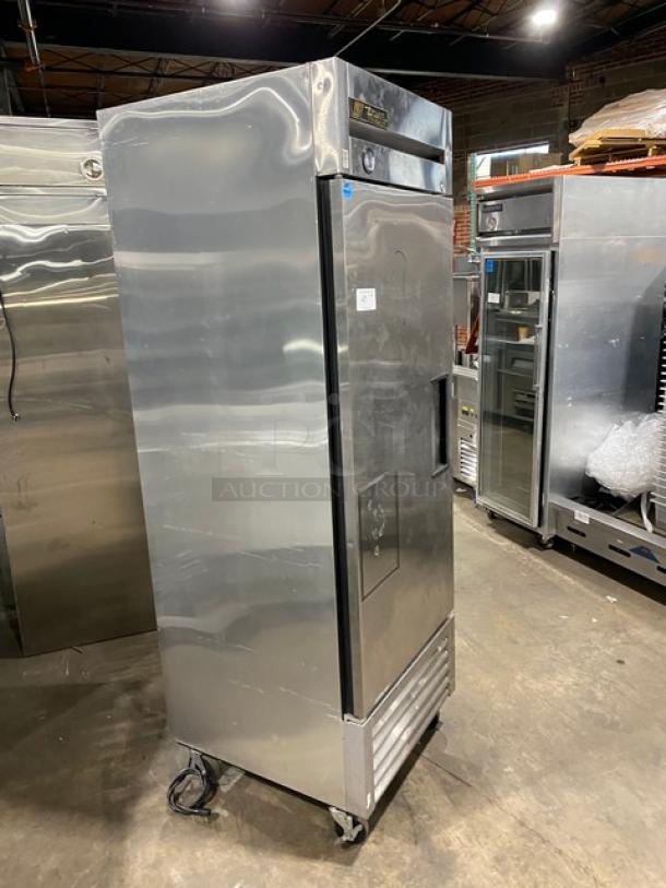 True T-23F stainless steel single door freezer, Energy Star certified, on casters, with poly-coated wire rack, 115V.