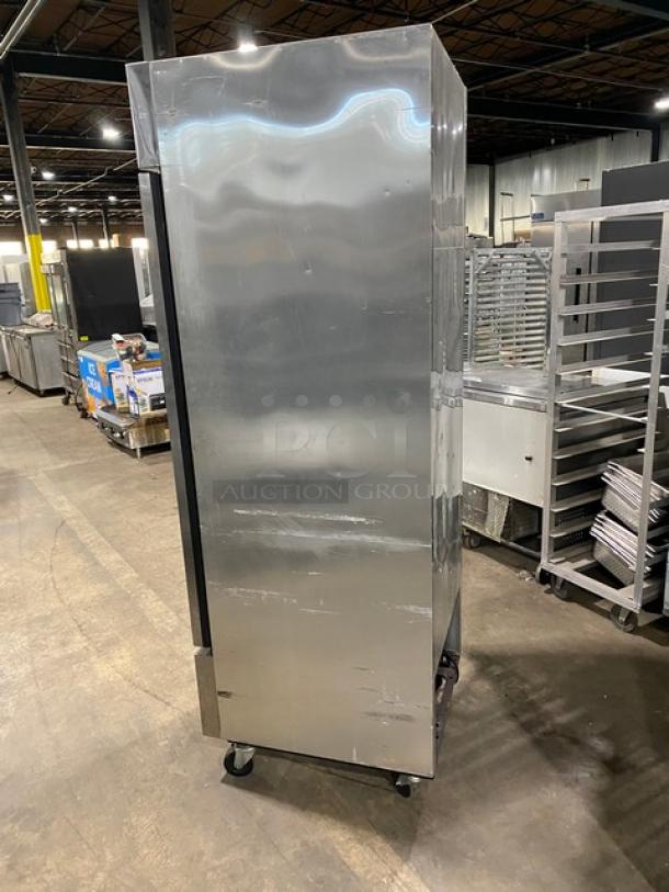 True T-23F commercial stainless steel single door reach-in freezer, Energy Star certified, with poly-coated wire rack, on casters.