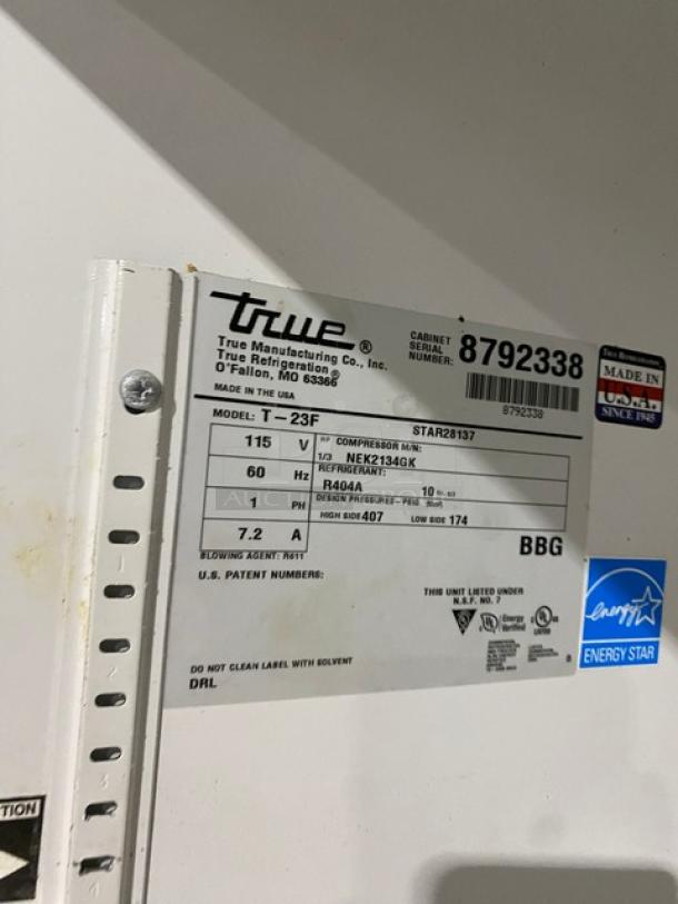 True T-23F stainless steel single door reach-in freezer, Energy Star certified, poly-coated wire rack, 115V, on casters, SN: 8792338.