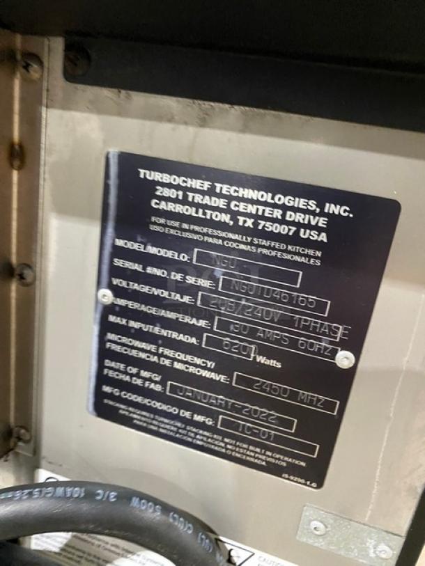 TurboChef 2022 NGO model ventless rapid cook oven, black, with crank bar, 208/240V, 1 phase. Serial: NGOTD46165.