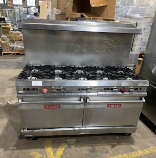 Vulcan Commercial Stainless Steel Natural Gas Powered 10-Burner Range/Double Oven Combo! With Back Splash & Overhead Salamander Shelf! With Wire Oven Racks! On Casters! - Item #1205330