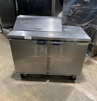 Beverage-Air Commercial Stainless Steel 2 Door Refrigerated Bain Marie Style Salad/Sandwich Prep Table! With Poly Coated Wire Racks! Model: SPE48HC-08 SN: 12213384! 115V 1 Phase! On Casters! - Item #1205538