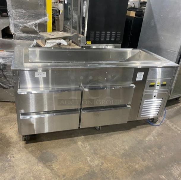Commercial stainless steel 4-drawer refrigerated salad bar, model CUSTOM, SN: 0318-12119, on casters, 120V 1-phase.