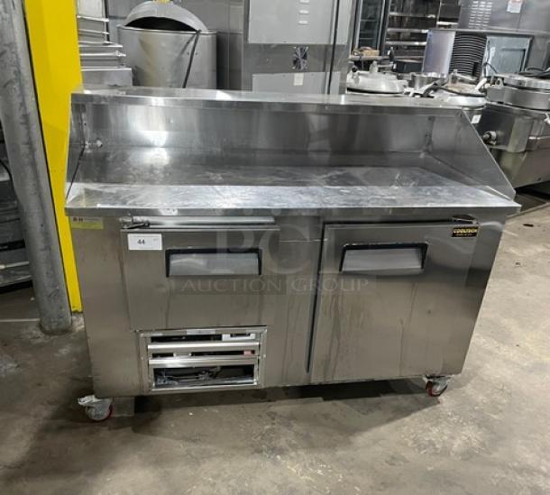 CoolTech 2022 stainless steel 2-door refrigerated pizza prep table, model CTR-60DR. Includes dough retarder, on casters, 115V 1 phase.