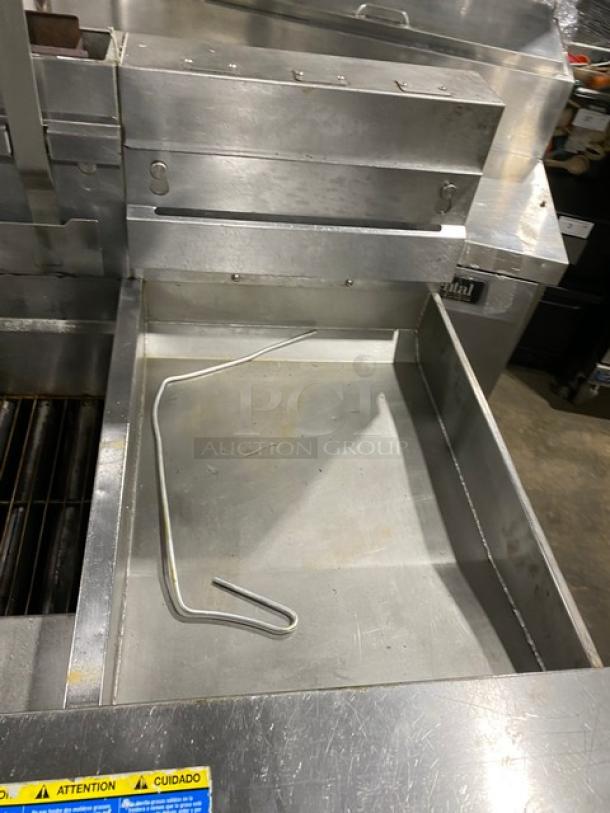 Pitco SG18JS commercial stainless steel fryer, 4-bay, natural gas, right-side dump, filter pan, digital controls, on casters.