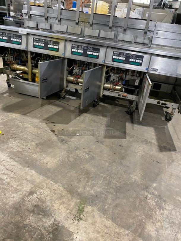 Pitco Frialator SG18-JS 4-bay deep fryer, stainless steel, natural gas, digital controls, casters, filter pan, side dump.