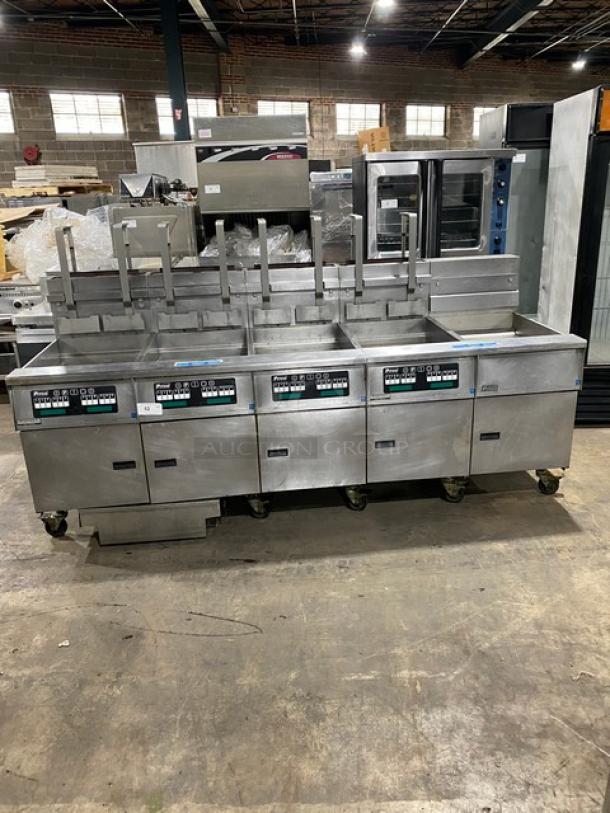 Pitco Frialator SG18JS 4-bay fryer system, stainless steel, natural gas, digital controls, filter pan, on casters.