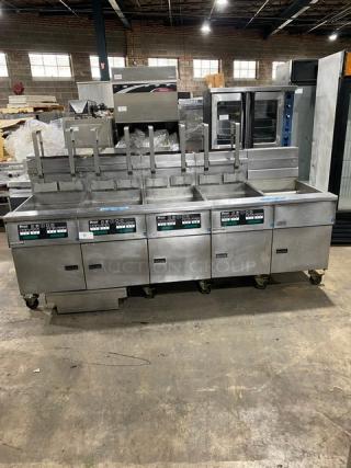 Pitco Frialator SG18JS 4-bay fryer system, stainless steel, natural gas, digital controls, filter pan, on casters.