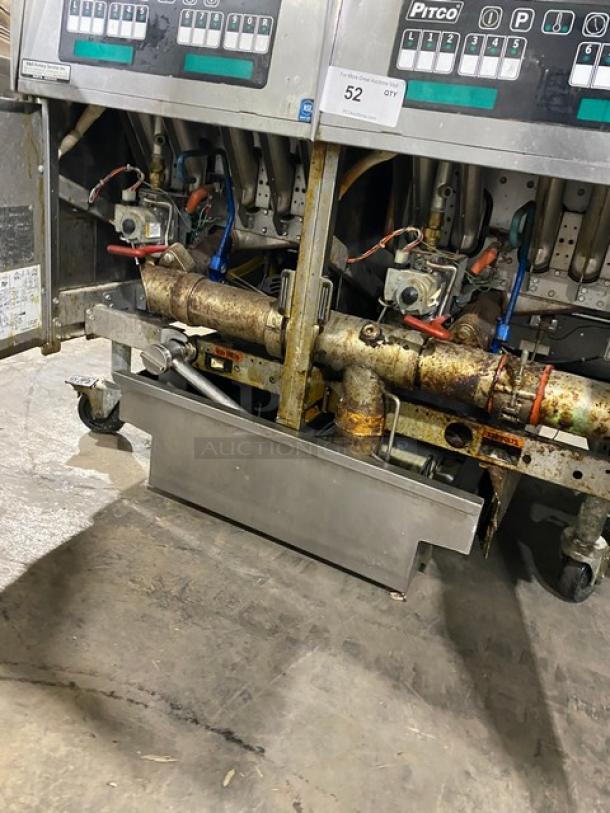 Pitco Frialator SG18-JS commercial fryer, stainless steel, 4-bay, natural gas, digital controls, filter pan, on casters.