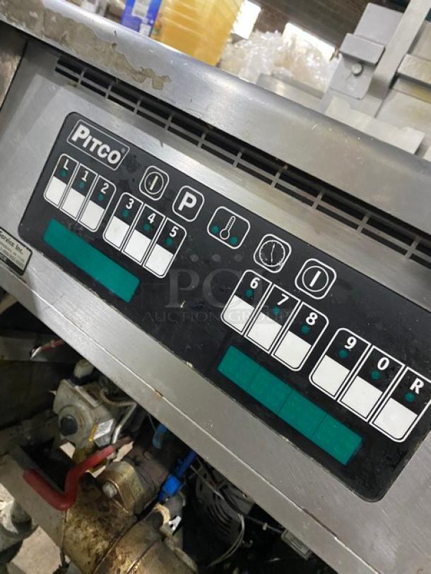 Pitco SG18JS commercial fryer control panel, digital controls, stainless steel, minor wear, natural gas powered.