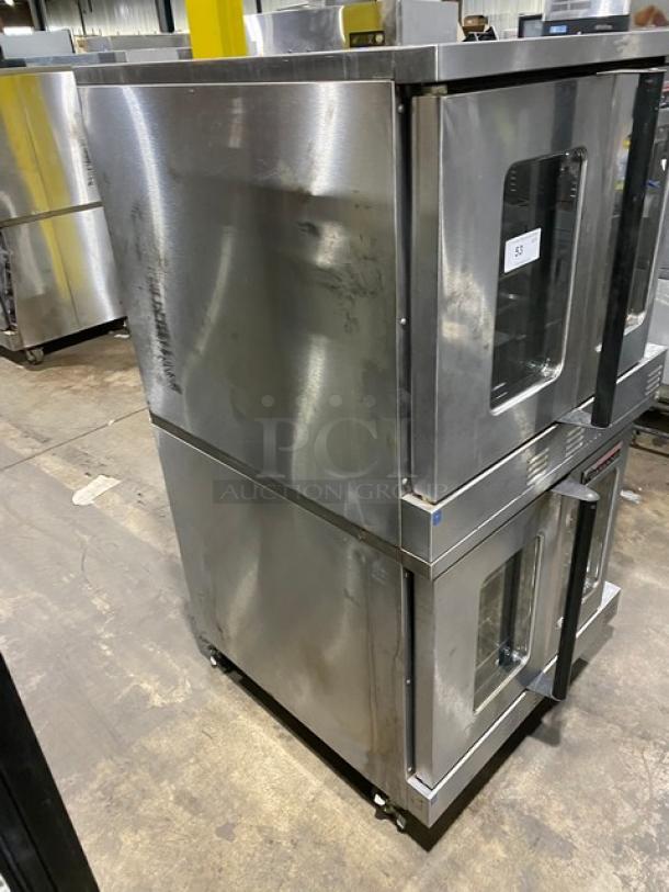Garland Master Series double-stacked stainless steel convection oven on casters, natural gas, wired racks, thermostatic controls.