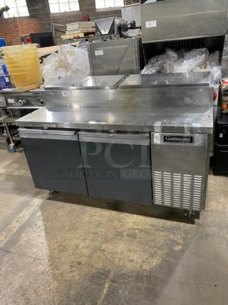 Continental Commercial Stainless Steel 2 Door Refrigerated Pizza Prep Table! With Back Splash! With Poly Coated Wire Racks! Model: CPT67-SS SN: 14454270! 115V 1 Phase! On Casters! - Item #1206382